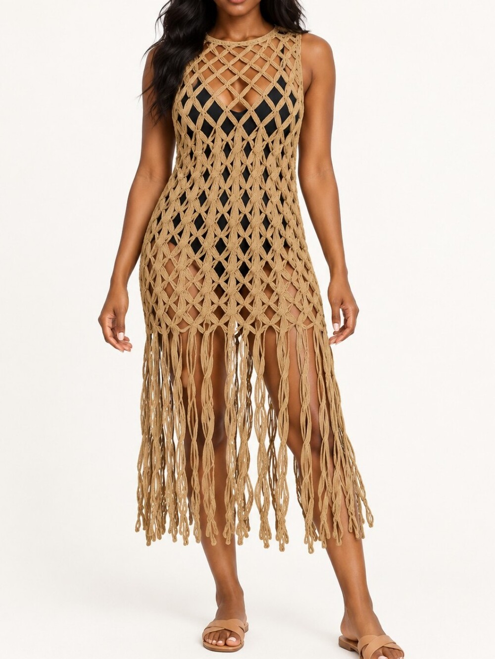 Zara Tan Macramé Crochet Fringe Beach Cover-Up Dress L